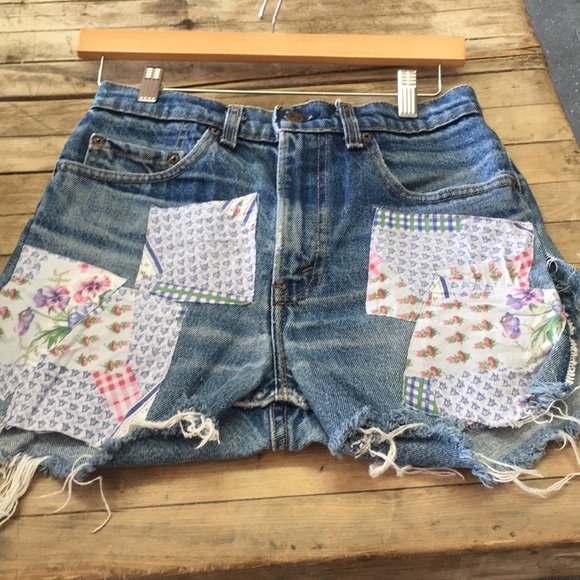 patchwork jean shorts